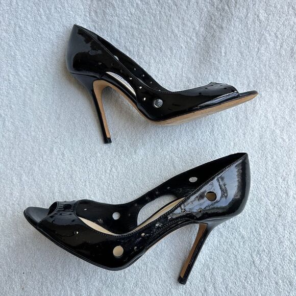 Jimmy Choo London Black Women's 36.5 US 6.5 Patent Leather Dorsay Pumps Peep Toe - Picture 2 of 9